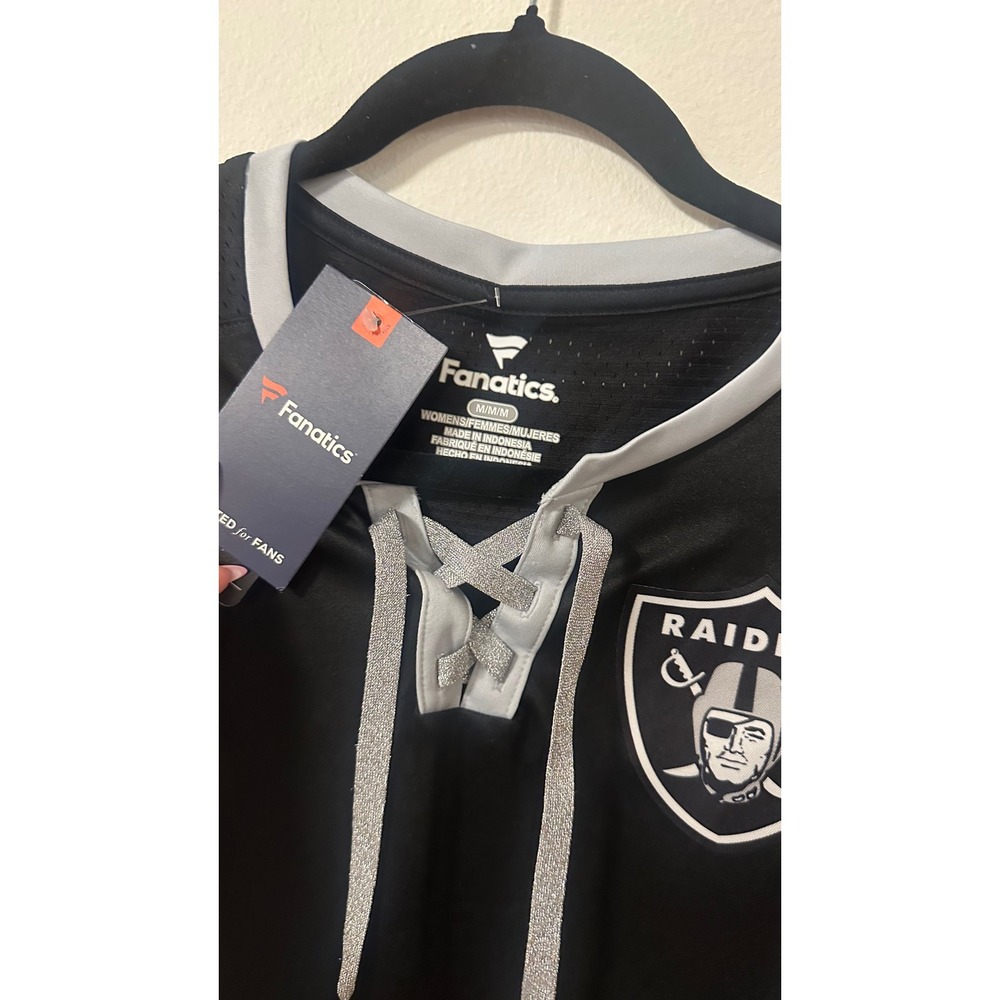 Fanatics Womens Las Vegas Raiders Lace-Up Jersey T-Shirt Black Silver Medium NWT - Picture 2 of 3